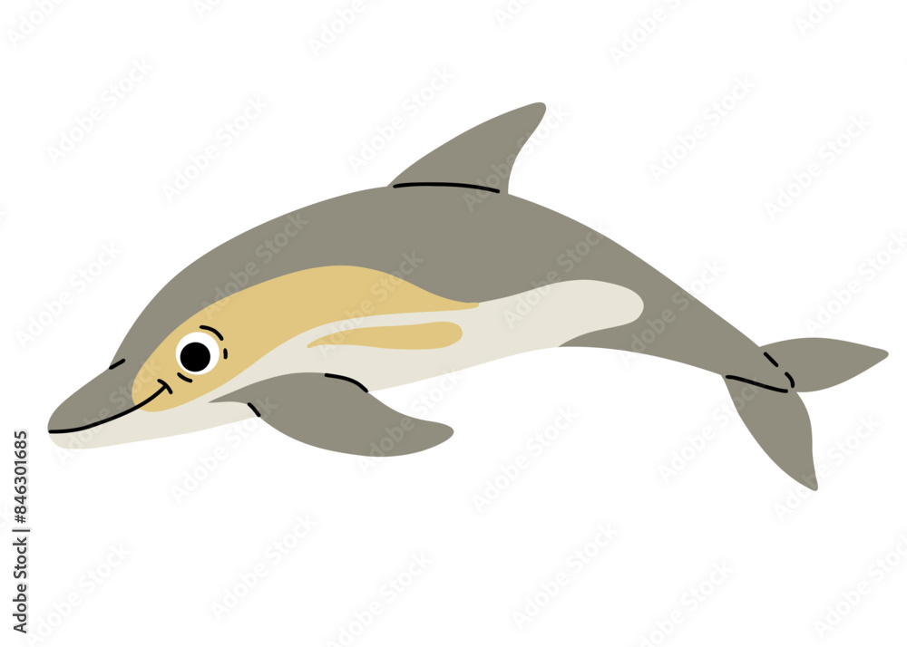 Obraz premium Vector cartoon illustrations of short beaked common dolphin on a white background. Flat cute icon of dolphin. Underwater world, ocean, underwater inhabitants.
