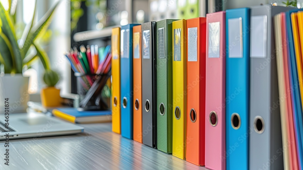 Colorful office binders neatly arranged on a shelf with various office supplies and potted plants in the background, creating an organized workspace. Colorful office binders neatly arranged on a shelf with various office supplies and potted plants in the background, creating an organized workspace.