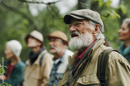 Group of senior people hiking in a forest. Focus on the old man