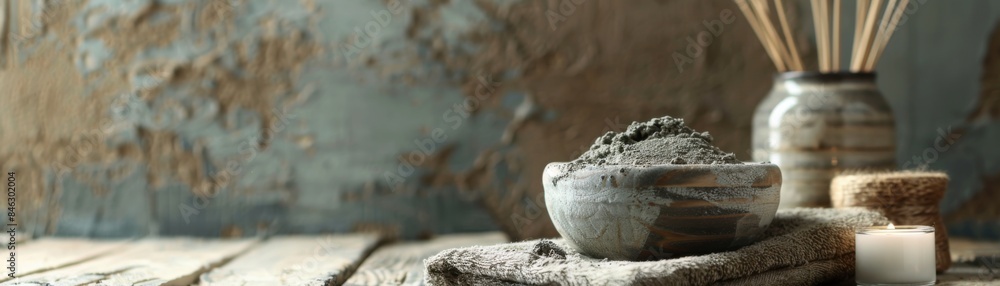 Obraz premium Rustic spa setting with natural clay mask, aromatherapy sticks, and towels on wooden surface against a textured wall background.
