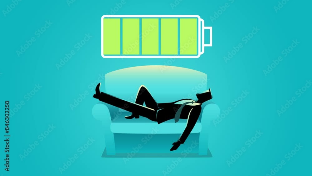 Motion graphic of a businessman being energized after resting on a sofa, symbolized by a fully charged battery indicator