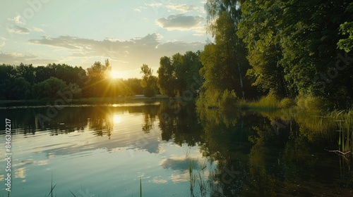 A lake with a beautiful sunset in the background