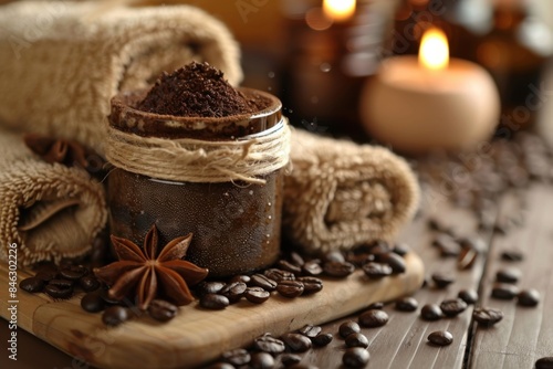Cozy spa scene with coffee scrub in a jar, surrounded by towels, coffee beans, and warm candlelight ambiance, promoting relaxation and self-care.