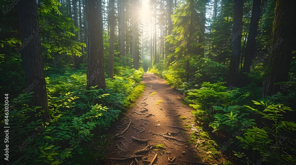 Obraz premium Sunlit Forest Trail Beckons Endless Possibilities of Summertime Adventure