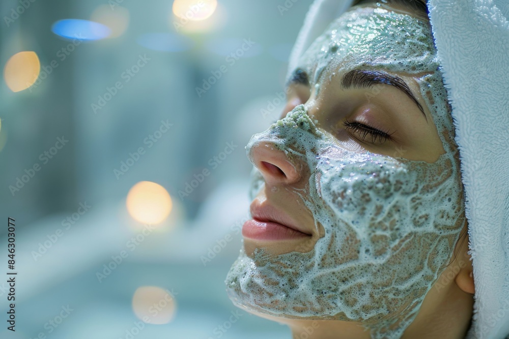 Woman enjoying a spa treatment with a refreshing face mask and a towel wrapped around her head in a serene, relaxing environment. Woman enjoying a spa treatment with a refreshing face mask and a towel wrapped around her head in a serene, relaxing environment.