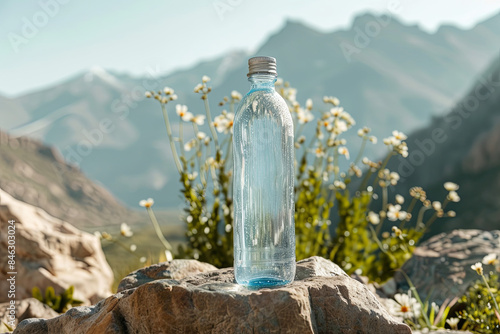 Mockup of a generic mineral glass water bottle placed on a rock in the middle of a natural setting, with mountains in the background, suitable for product promotion or branding photo