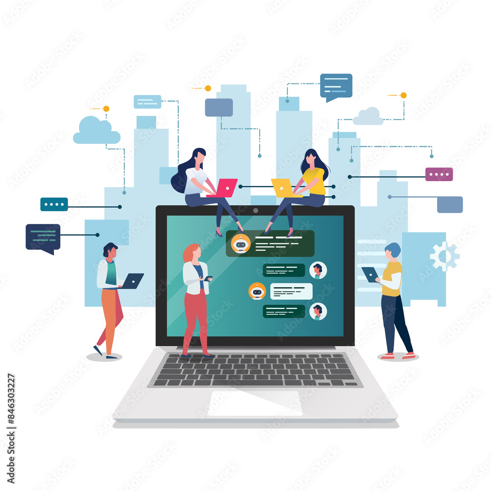 Social network web site surfing concept. Global Business Concept. Teamwork Cooperation with Business People Characters Social network web site surfing concept. Global Business Concept. Teamwork Cooperation with Business People Characters