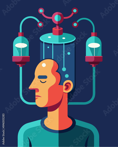 Tubes filled with a strange liquid s around a persons head connected to a large glowing device that seems to be erasing their very thoughts.. Vector illustration
