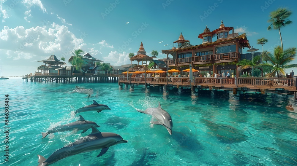 Obraz premium Bustling Pier Teeming with Tourists Cafes and Playful Dolphins in Idyllic Summer Seascape