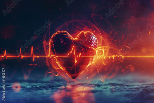 Conceptual image of a heart with a heartbeat line inside, symbolizing the presence of life and vitality photo