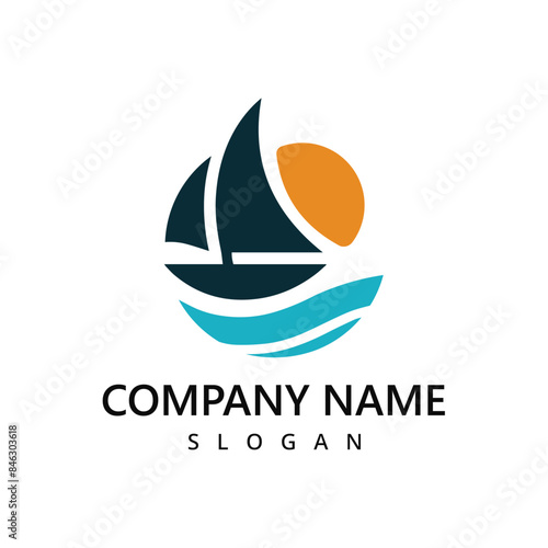 Sail Boat Ship and sea wave for Ocean Sailing Adventure Travel Trip Transportation logo