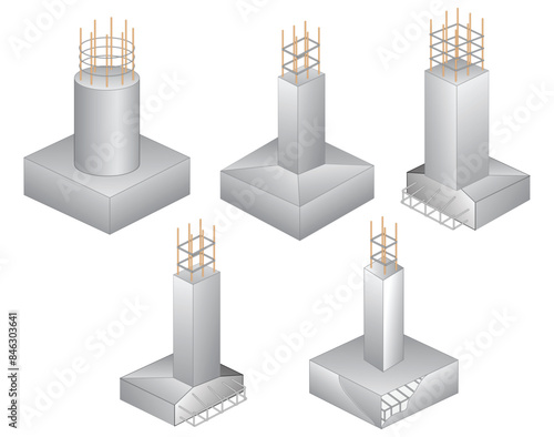 Set of steel column foundation in reinforced concrete block. 3D Illustration