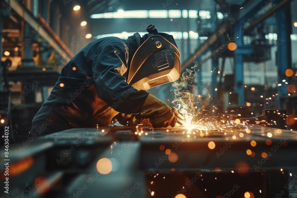 Focused Welder in Protective Equipment Creating Sparks in a Busy Industrial Workshop Focused Welder in Protective Equipment Creating Sparks in a Busy Industrial Workshop