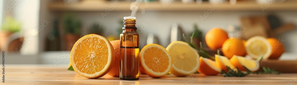 Essential oil bottle surrounded by fresh citrus fruits on a wooden table, highlighting natural health and wellness with organic ingredients. Essential oil bottle surrounded by fresh citrus fruits on a wooden table, highlighting natural health and wellness with organic ingredients.