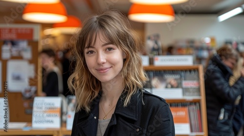 A Friendly Salesperson At A Bookstore, Happily Hosting An Author Signing Event