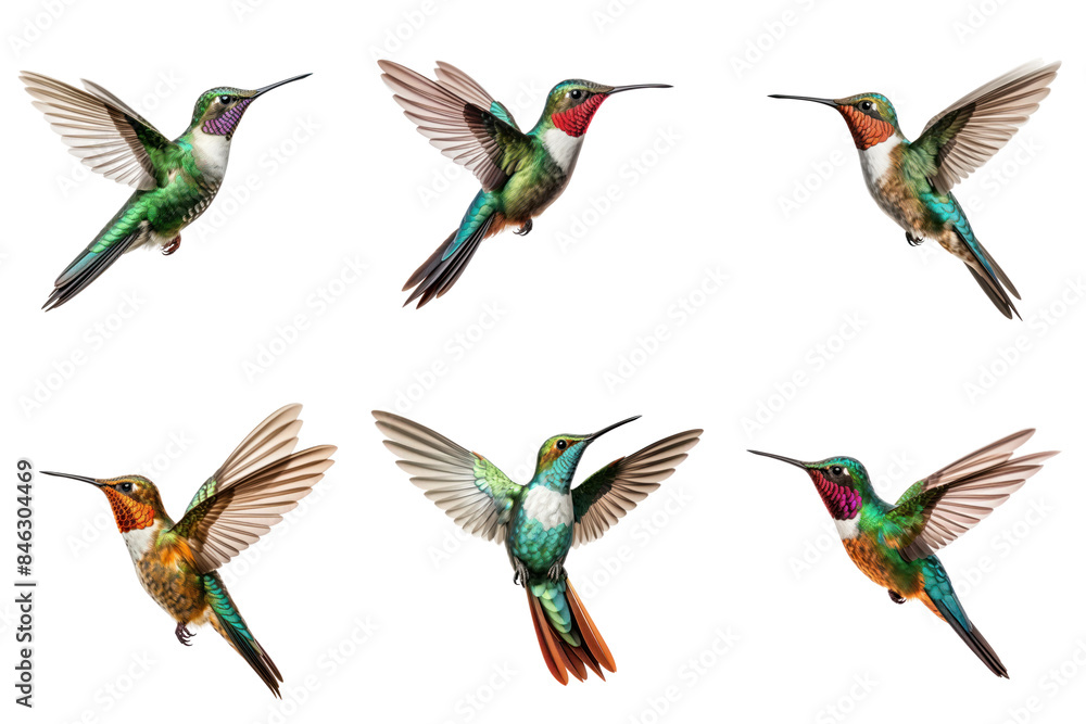 Obraz premium Flying hummingbird set isolated on white or transparent background, png clipart, design element. Easy to place on any other background.