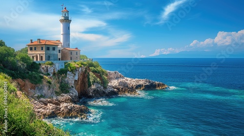 The lighthouse stood tall as a beacon of navigation against the blue sky, its light guiding travelers along the coast, where the beach met the vast ocean, creating a picturesque landscape of nature's 