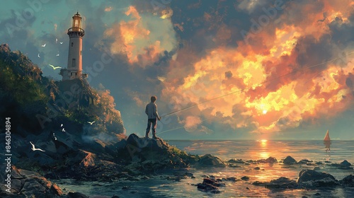 The lighthouse stood tall as a beacon of navigation against the blue sky, its light guiding travelers along the coast, where the beach met the vast ocean, creating a picturesque landscape of nature's 