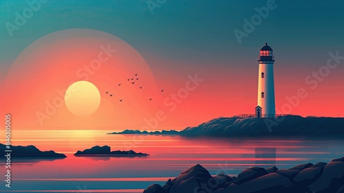 The lighthouse stood tall as a beacon of navigation against the blue sky, its light guiding travelers along the coast, where the beach met the vast ocean, creating a picturesque landscape of nature's 