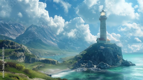 The lighthouse stood tall as a beacon of navigation against the blue sky, its light guiding travelers along the coast, where the beach met the vast ocean, creating a picturesque landscape of nature's 