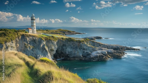 The lighthouse stood tall as a beacon of navigation against the blue sky, its light guiding travelers along the coast, where the beach met the vast ocean, creating a picturesque landscape of nature's 