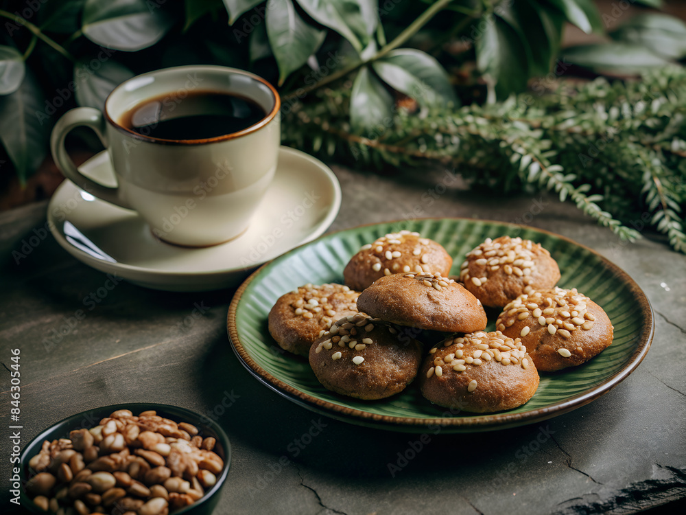 Honey-drenched cookies garnished with chopped nuts, set on a rustic plate Honey-drenched cookies garnished with chopped nuts, set on a rustic plate