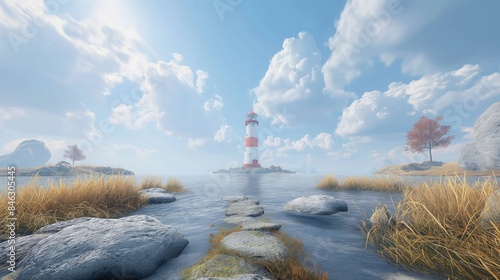 The lighthouse stood tall as a beacon of navigation against the blue sky, its light guiding travelers along the coast, where the beach met the vast ocean, creating a picturesque landscape of nature's 