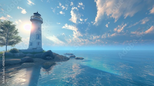 The lighthouse stood tall as a beacon of navigation against the blue sky, its light guiding travelers along the coast, where the beach met the vast ocean, creating a picturesque landscape of nature's 