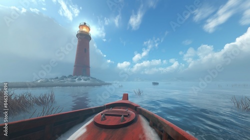 The lighthouse stood tall as a beacon of navigation against the blue sky, its light guiding travelers along the coast, where the beach met the vast ocean, creating a picturesque landscape of nature's 