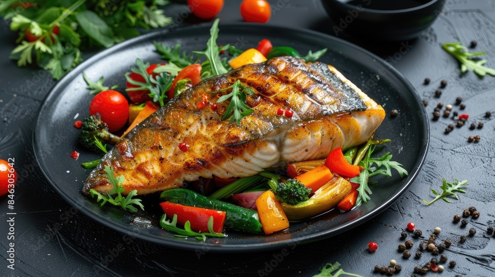 Grilled black cod fish with soy sauce and mixed vegetables on a dark backdrop Grilled black cod fish with soy sauce and mixed vegetables on a dark backdrop