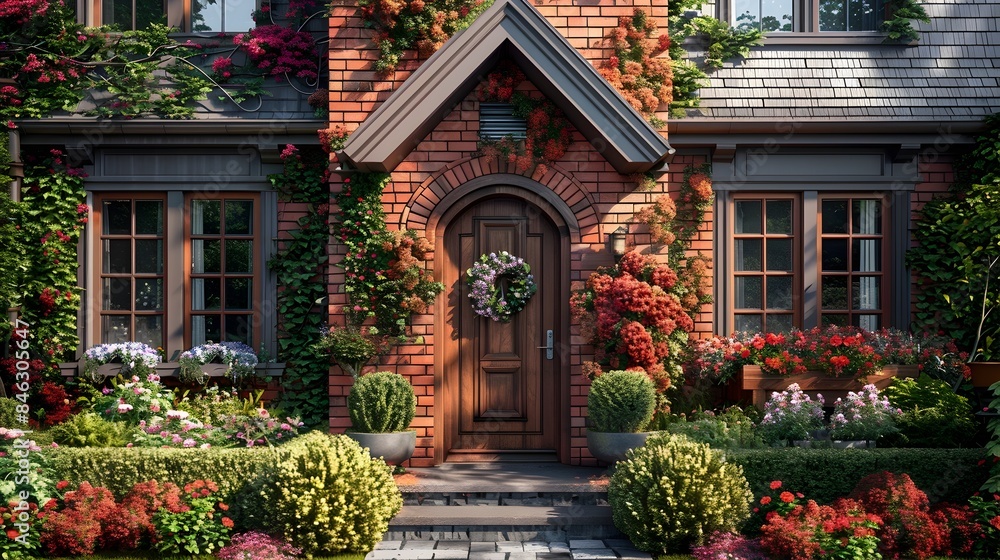 Picturesque Traditional Family Home with Welcoming Brick Facade and Floral Entrance Decor Picturesque Traditional Family Home with Welcoming Brick Facade and Floral Entrance Decor