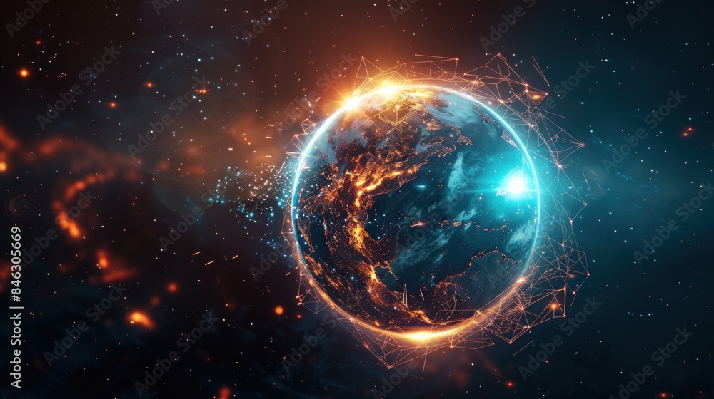 Fototapeta premium Digital global network connectivity with glowing nodes and earth representation