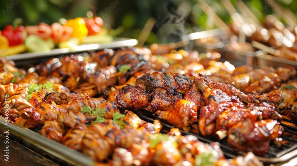 A group effort results in a delicious spread of BBQ chicken marinated in tangy tropical es and grilled to perfection. A group effort results in a delicious spread of BBQ chicken marinated in tangy tropical es and grilled to perfection.