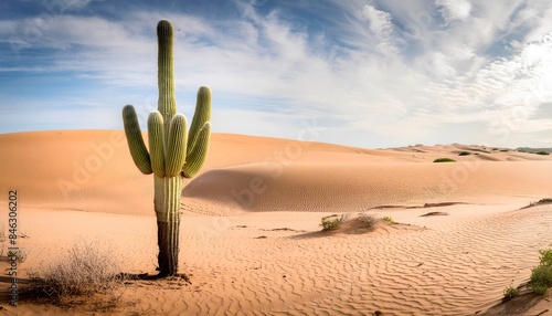 Fototapeta Naklejka Na Ścianę i Meble -  A single cactus standing tall in a barren desert, with rolling sand dunes and a pale blue sky. 4