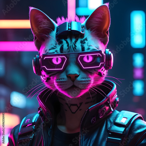 Futuristic  punk character with cat head in glasses and headphones