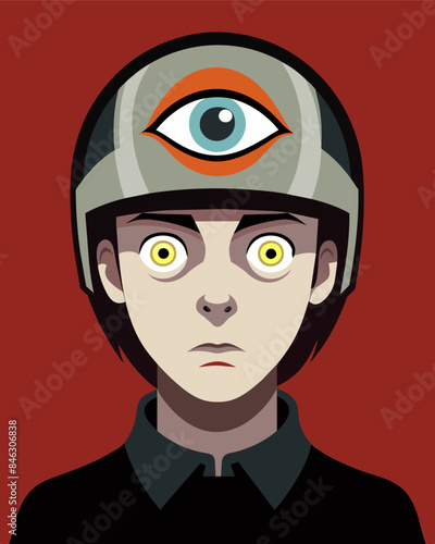 The persons eyes were wide and vacant a victim of the helmets brainwashing powers.. Vector illustration