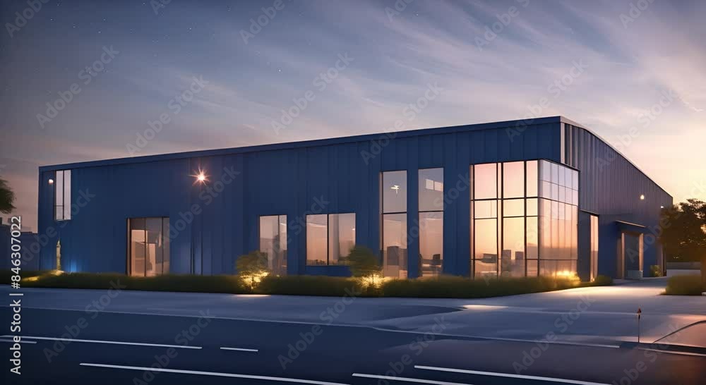 Modern warehouse with steel doors and windows and small office facilities Modern warehouse with steel doors and windows and small office facilities
