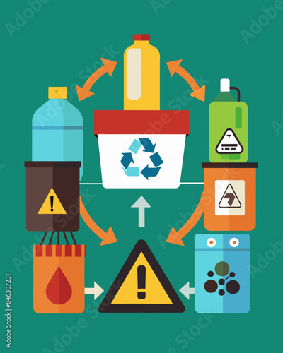 In a separate area workers handle hazardous waste ensuring it is properly disposed of and not mixed with recyclables.. Vector illustration