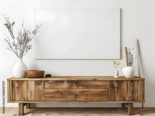 Wooden cabinet with blank white mockup canvas