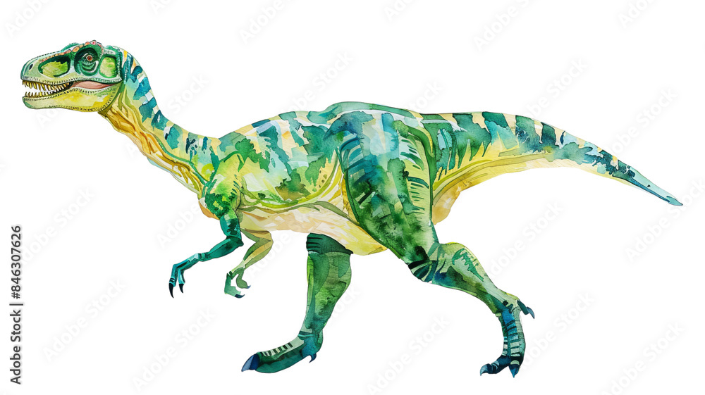Fototapeta premium Colorful watercolor painting of a dinosaur in motion, showcasing artistic details and vibrant hues in a prehistoric theme.