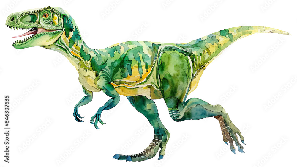 Obraz premium Colorful watercolor illustration of a dinosaur on a white background, showcasing prehistoric art and vibrant detail.