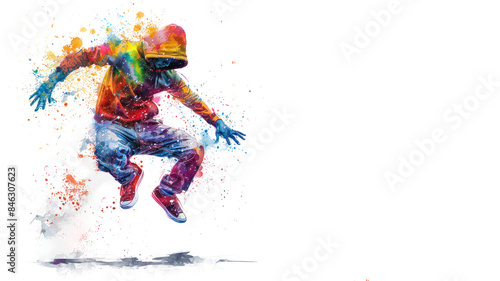 Colorful watercolor painting of male break dancer performance balanced action
