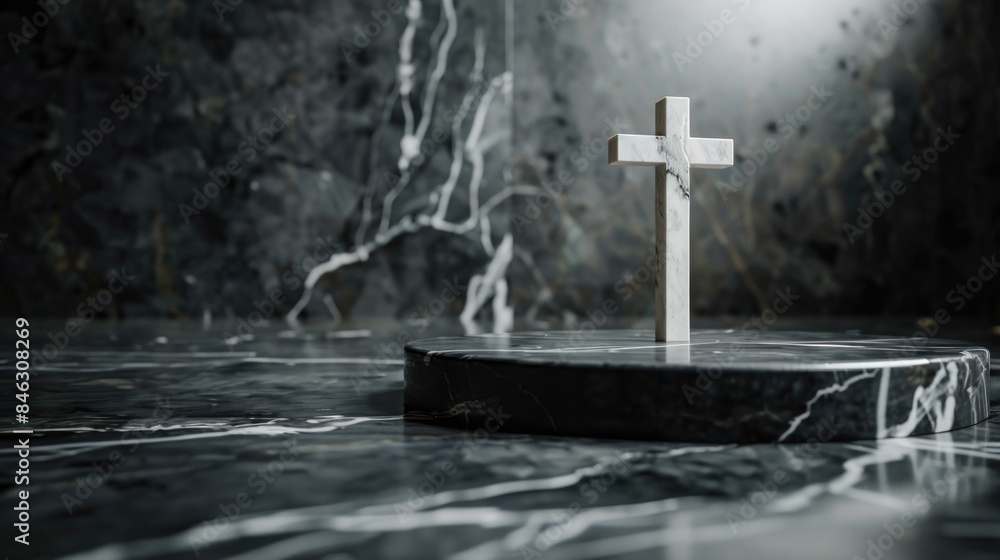 Naklejka premium A white cross is on a marble pedestal