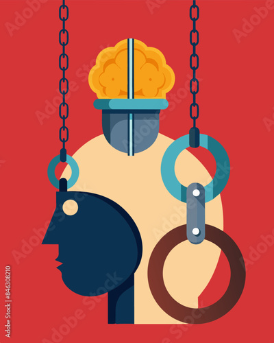 The weight of metal shackles restricts the mind from exploring new ideas and thoughts.. Vector illustration