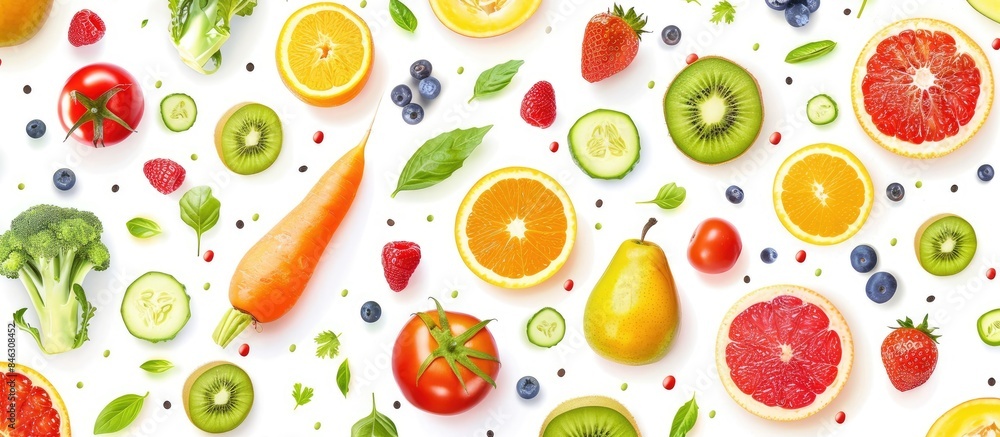 Bright and colorful fruits and vegetables arranged in a seamless horizontal pattern on a white background. Bright and colorful fruits and vegetables arranged in a seamless horizontal pattern on a white background.