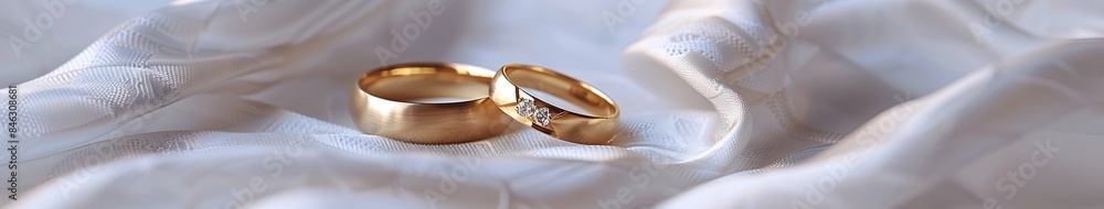 Pair of golden wedding rings on white textile background with copy space. Engagement ring with diamond on fabric backdrop. Symbol of love and marriage Pair of golden wedding rings on white textile background with copy space. Engagement ring with diamond on fabric backdrop. Symbol of love and marriage