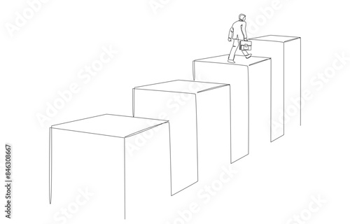 Continuous one line drawing of businessman stepping on rise up bar graph, career growth, motivation to succeed concept, single line art.
