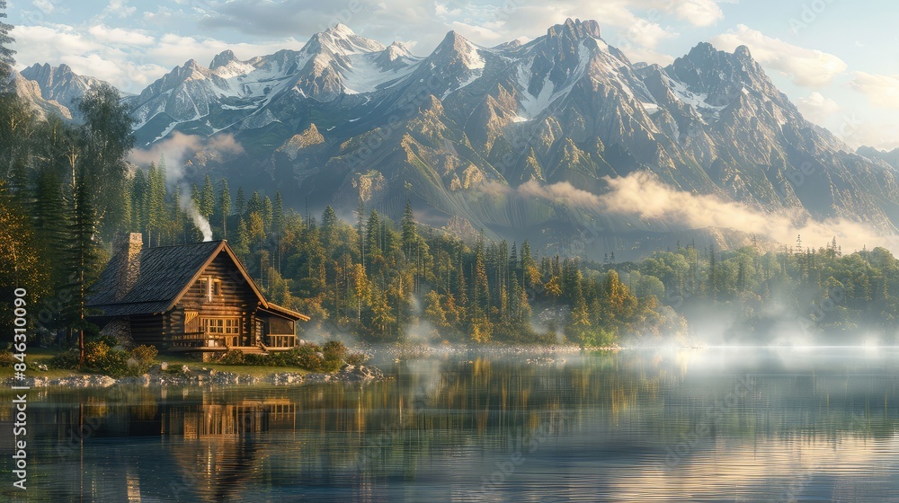 Fototapeta premium The beautiful landscape featured a serene lake with crystal blue water, surrounded by a lush green forest, providing a stunning nature view perfect for summer travel, with trees reflecting in the calm
