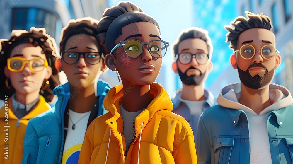 Diverse and Dynamic Group of Friends Enjoying Urban Camaraderie in Vibrant Digital 3D Style
