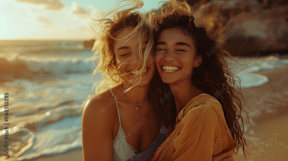 Fototapeta premium Joyful Seaside Embrace Carefree Friendship Captured Against Idyllic Beach Backdrop